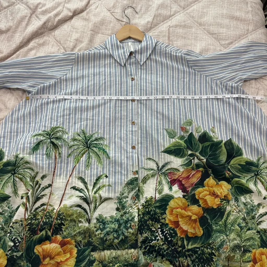 Anthropologie Blue Striped Shirt with Green and Yellow Floral Design - Image 5