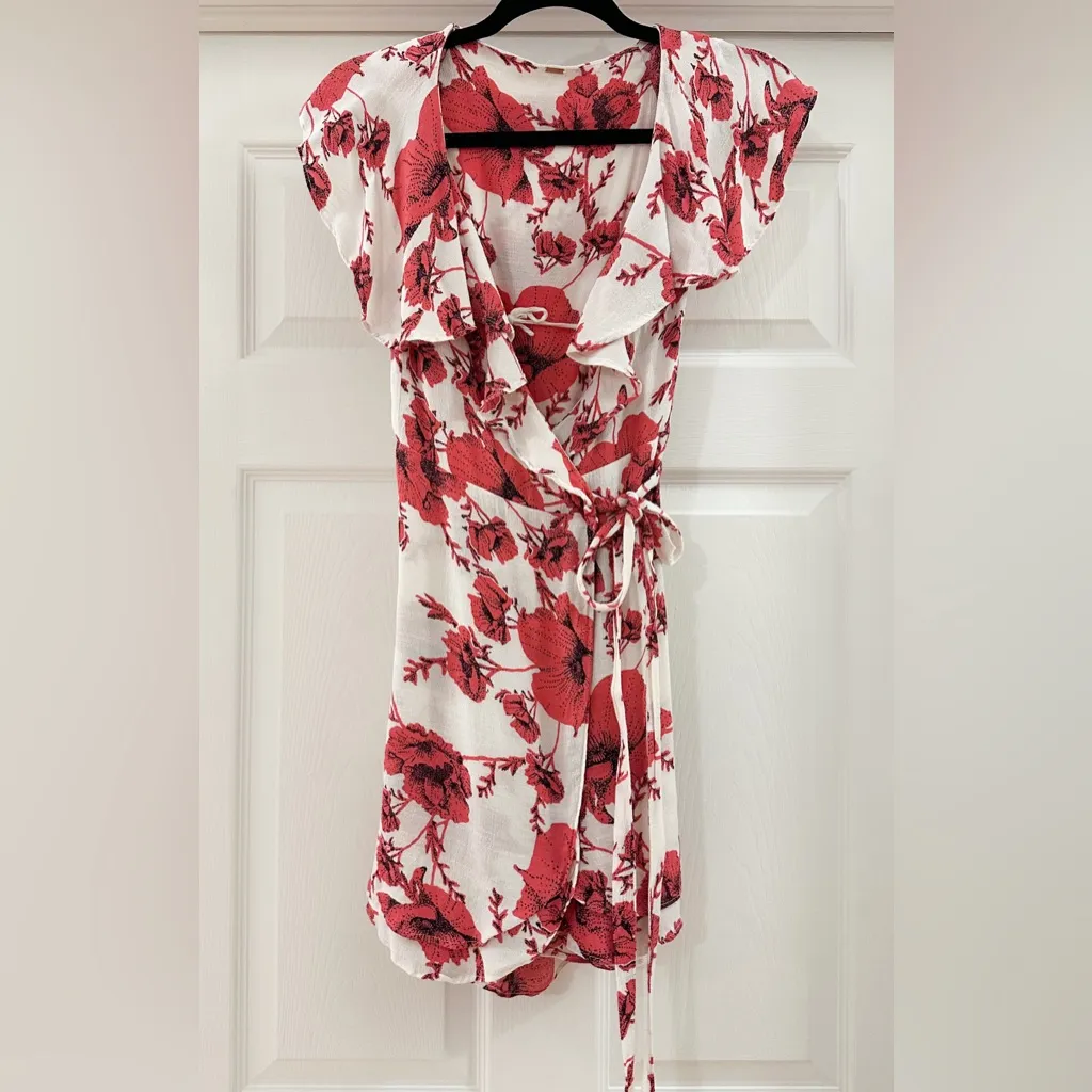 FREE PEOPLE FRENCH QUARTER BOHO MINI WRAP DRESS Flutter White Red sz XS - Image 6