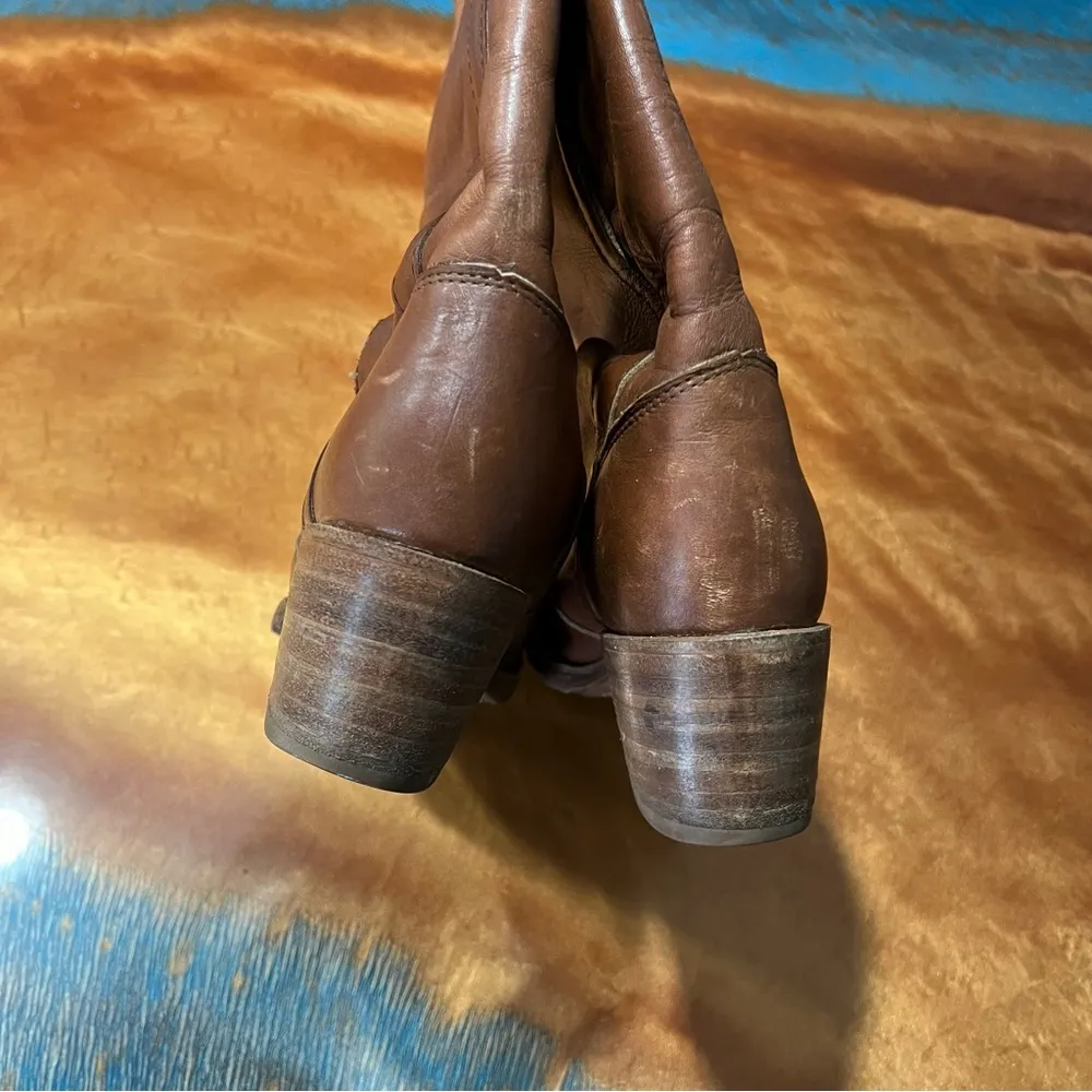 Vintage Frye Leather Tall Brown Heeled Boots Made in USA Size 8 pull on 70s boho - Image 10
