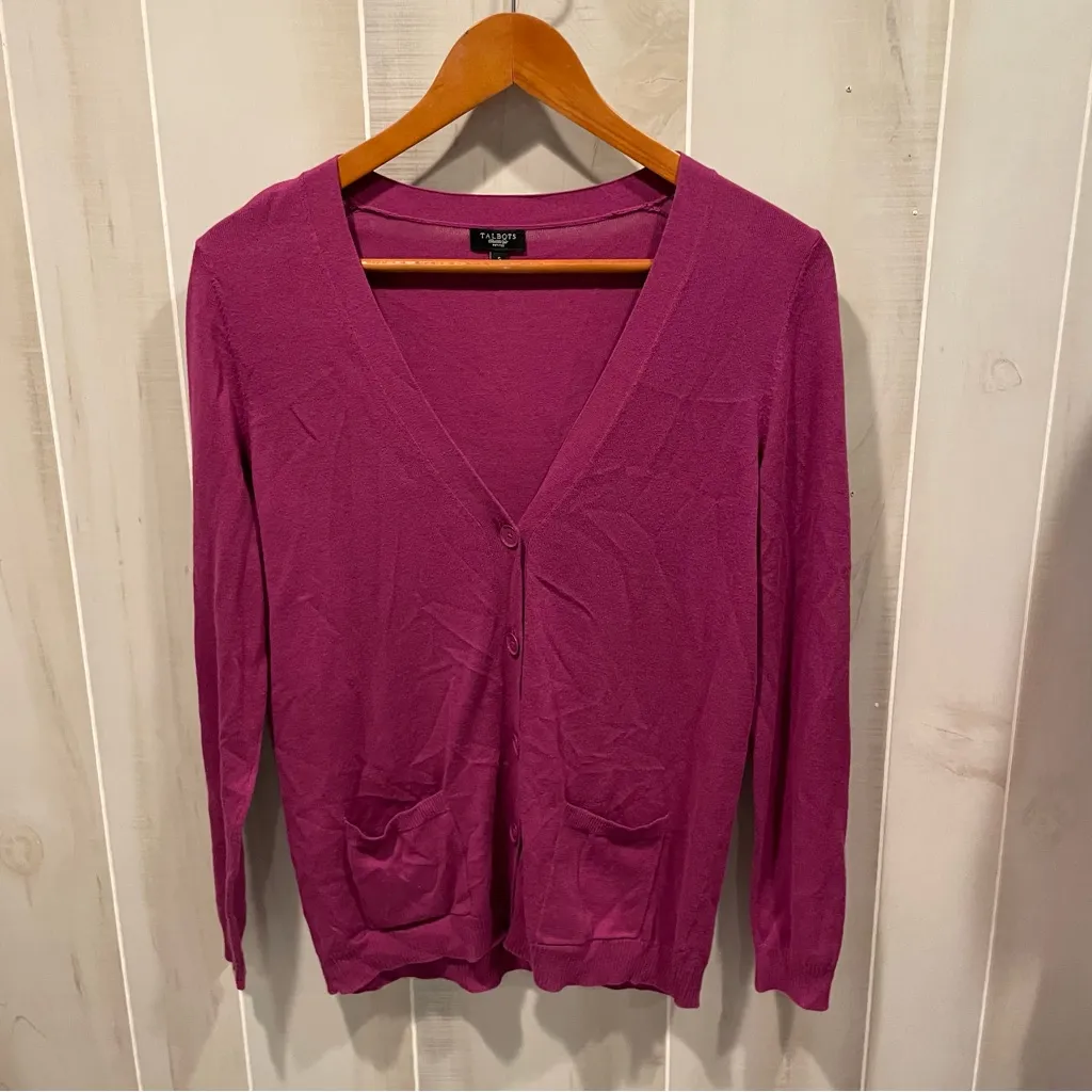 Cute raspberry cream lightweight cardigan sweater pockets cotton blend Talbots - Image 6
