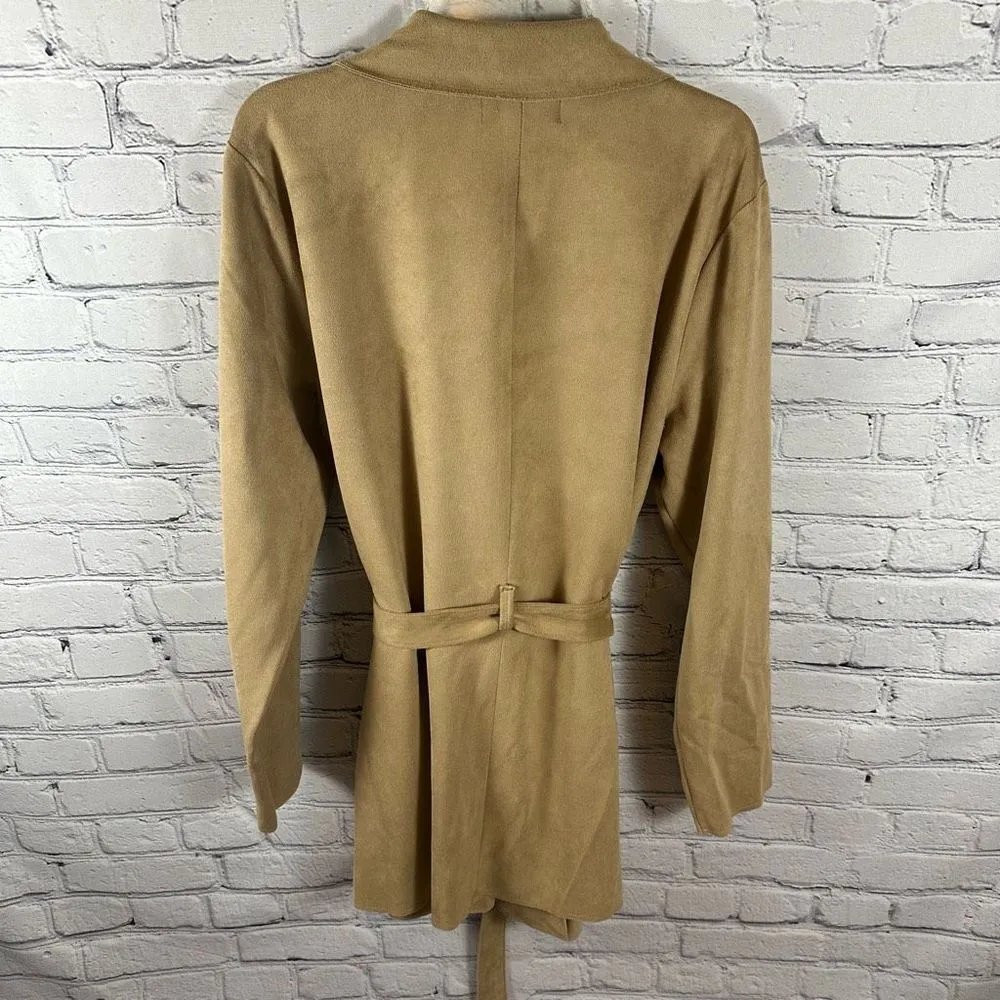 Level 99 Evereve Wrap Jacket Cardigan Faux Suede Open Front Belt Tie Camel L NWT Tan Size L - Image 3
