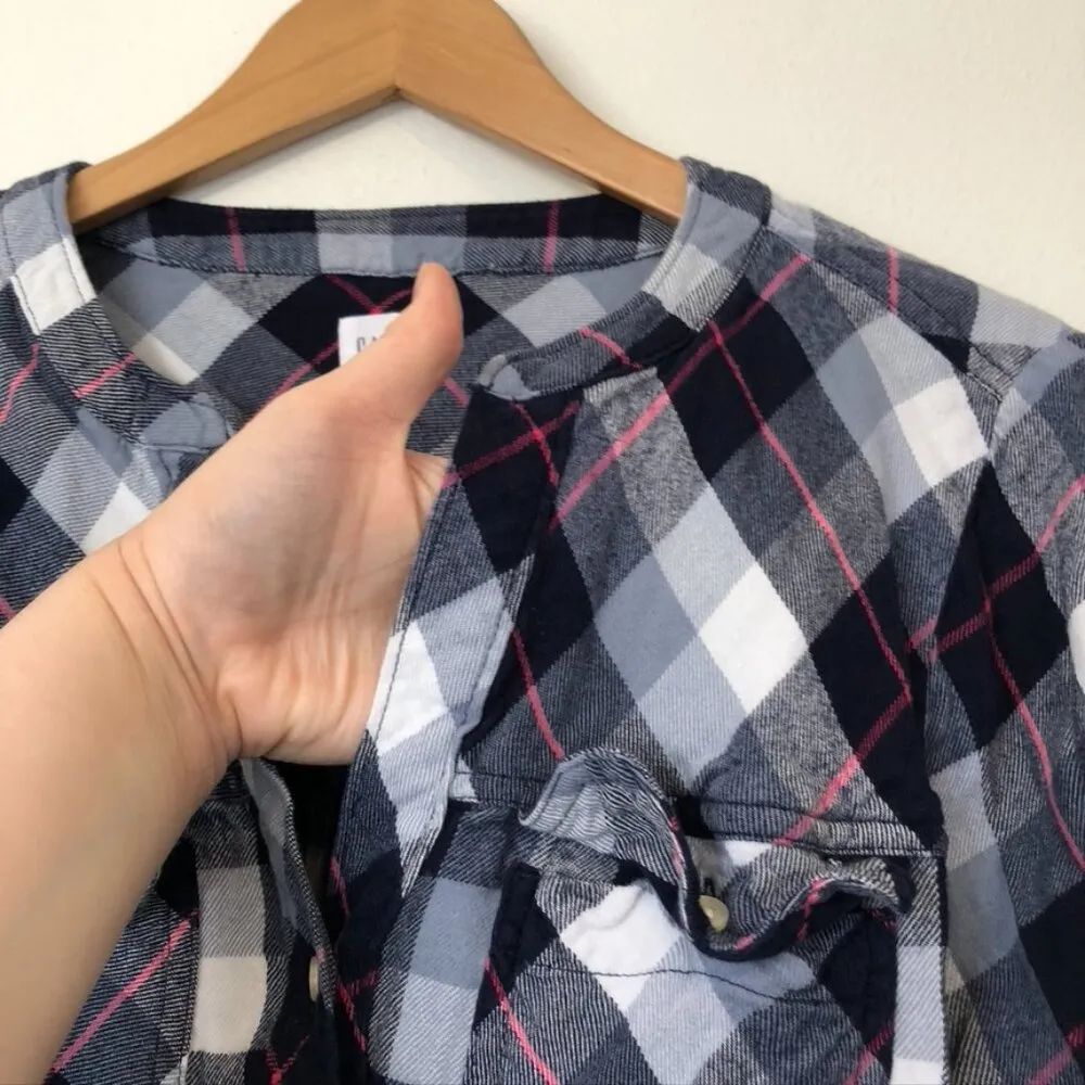 GAP Plaid Henley Tunic Top Navy Blue White Pink Flannel Button Down Shirt Medium - Image 8