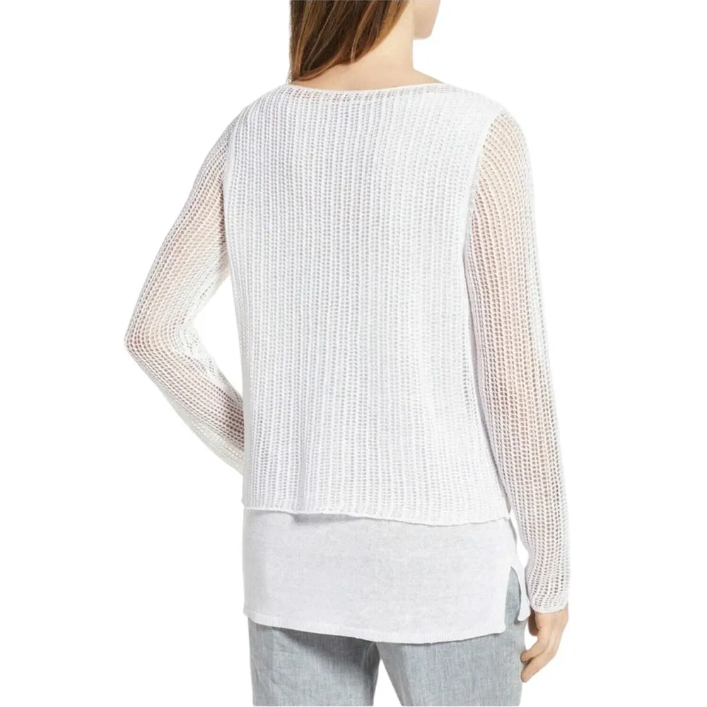 Eileen Fisher Linen Knit Mesh Overlay Tiered Layered Sweater Top White Size XXS - Image 3