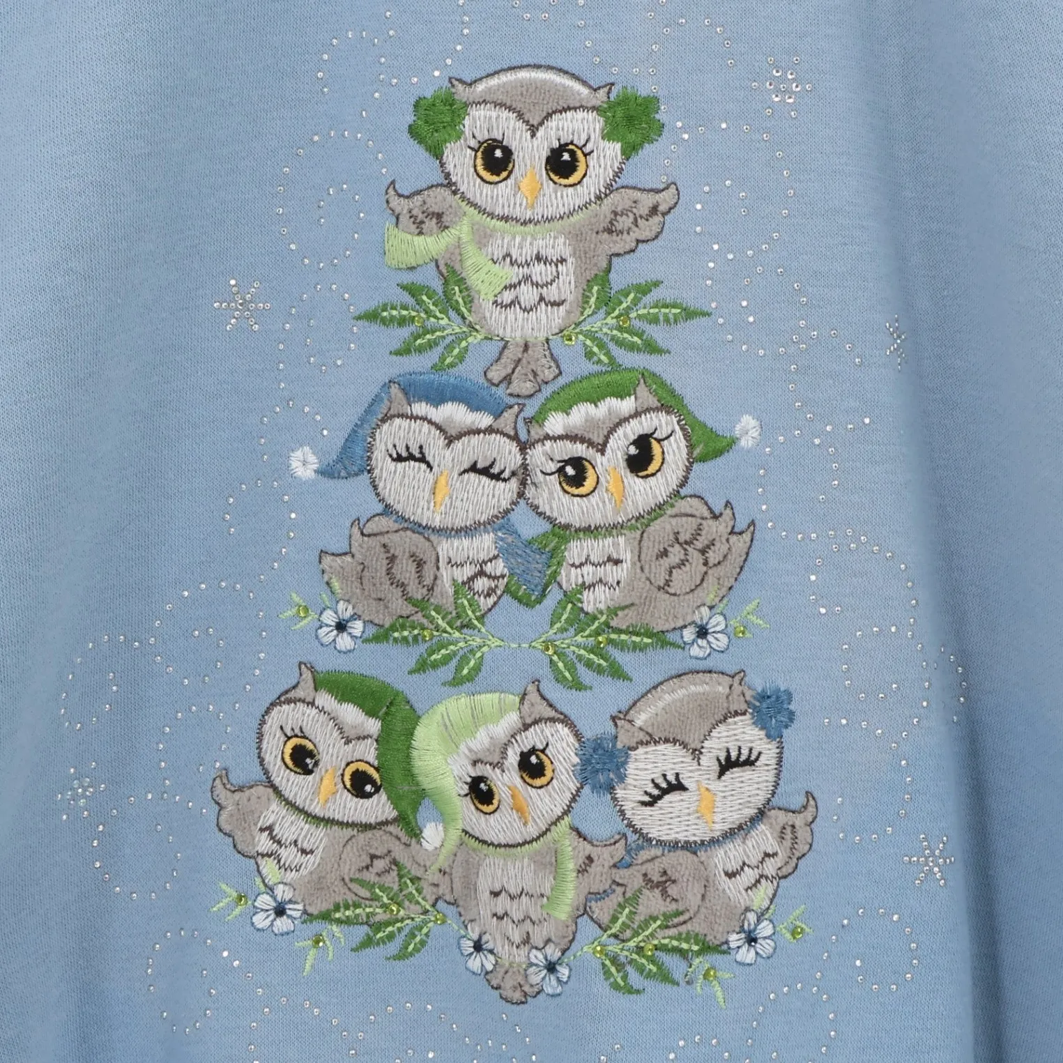 Vtg Morning Sun Blue Owl Tree Embroidered Sweatshirt Holiday Winter Cabin Size L Size L - Image 2