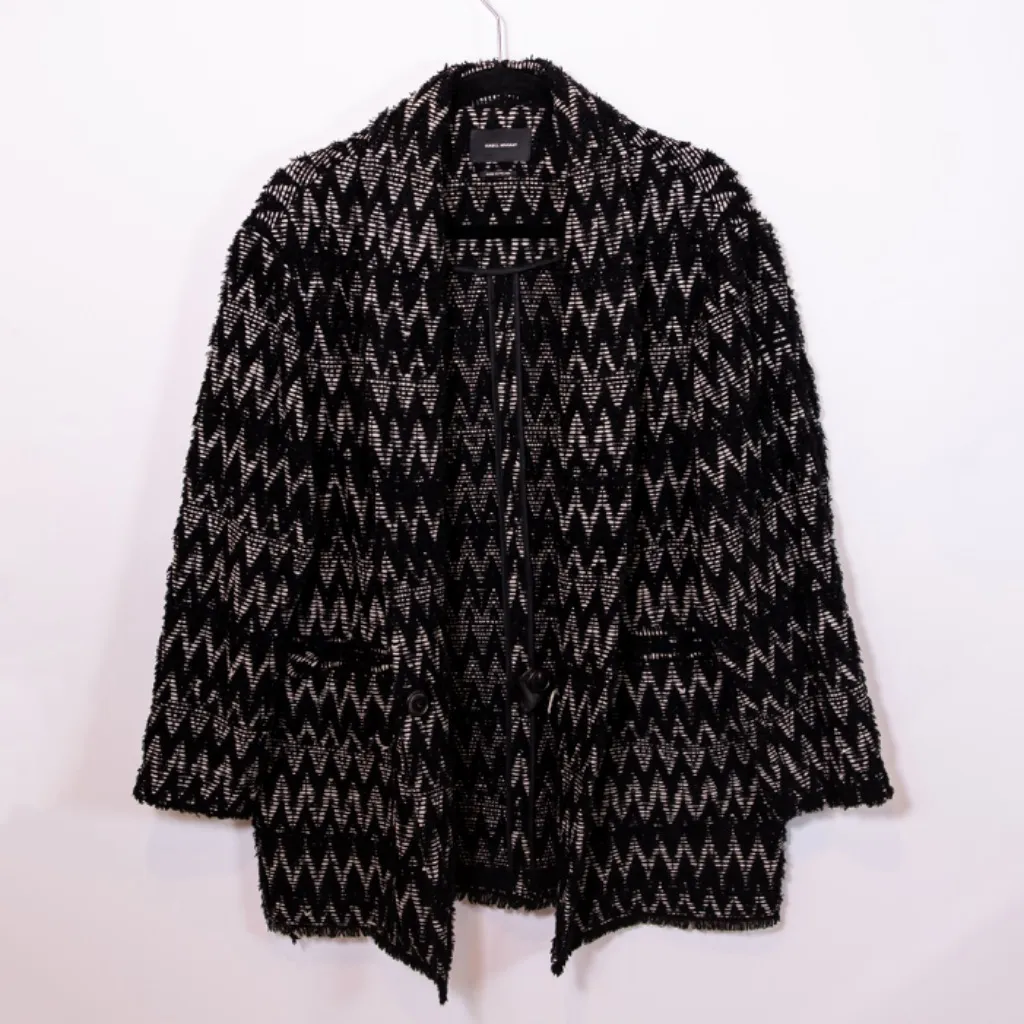 Isabel Marant Elis Zigzag Striped Jacquard Wool Blend Coat Black And Beige 34/0 - Image 1