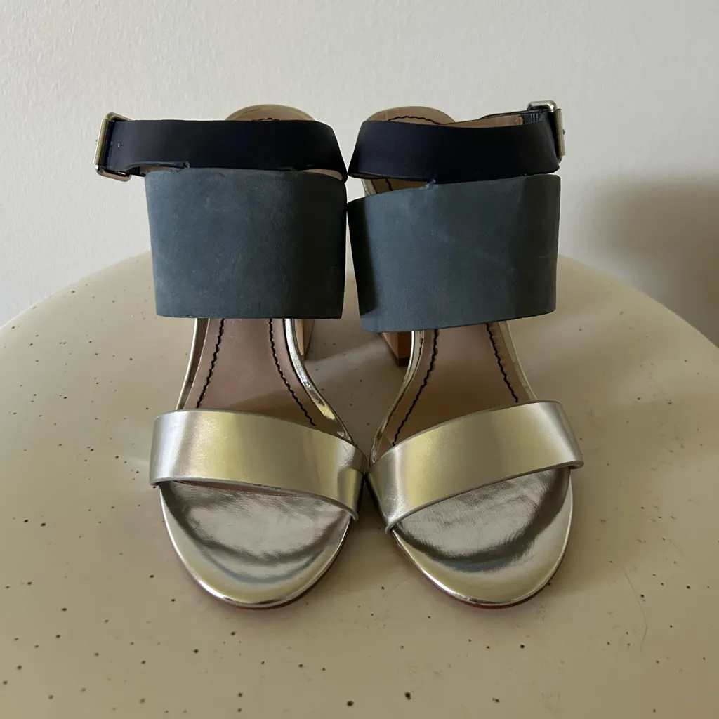 Elizabeth and James New Clair 2 Heels Blue Multi Silver Wood Sandals Size 6.5 - Image 2