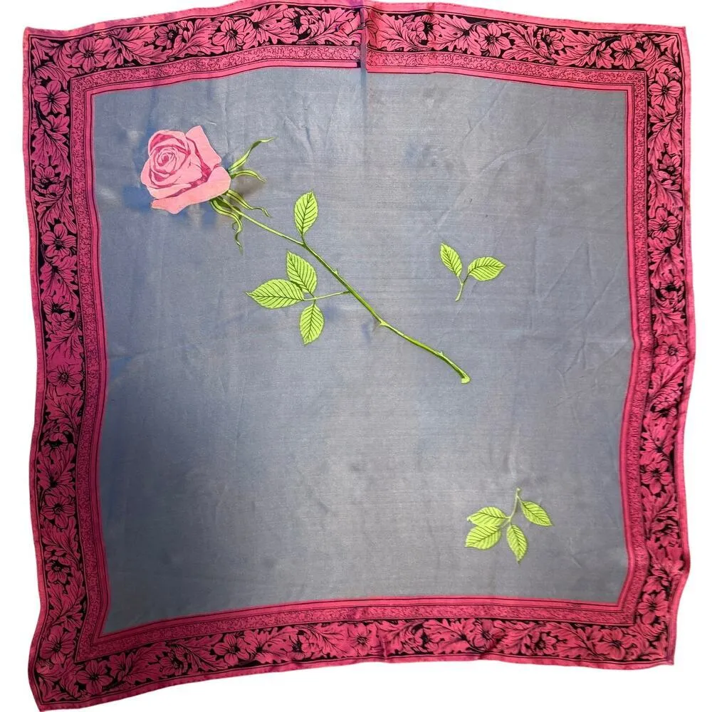 VTG 1950s "A Rose" Silk Charmeuse Scarf 30" Square Gorgeous Pink & Gray - Image 2