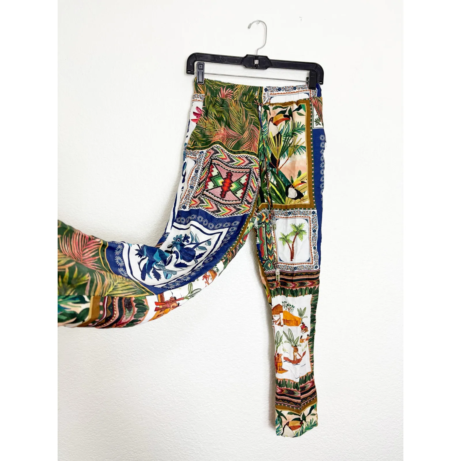 Farm Rio Mixed Scarves Satin Pants Size XS Mix Print Tassel Boho Multicolor - Image 12