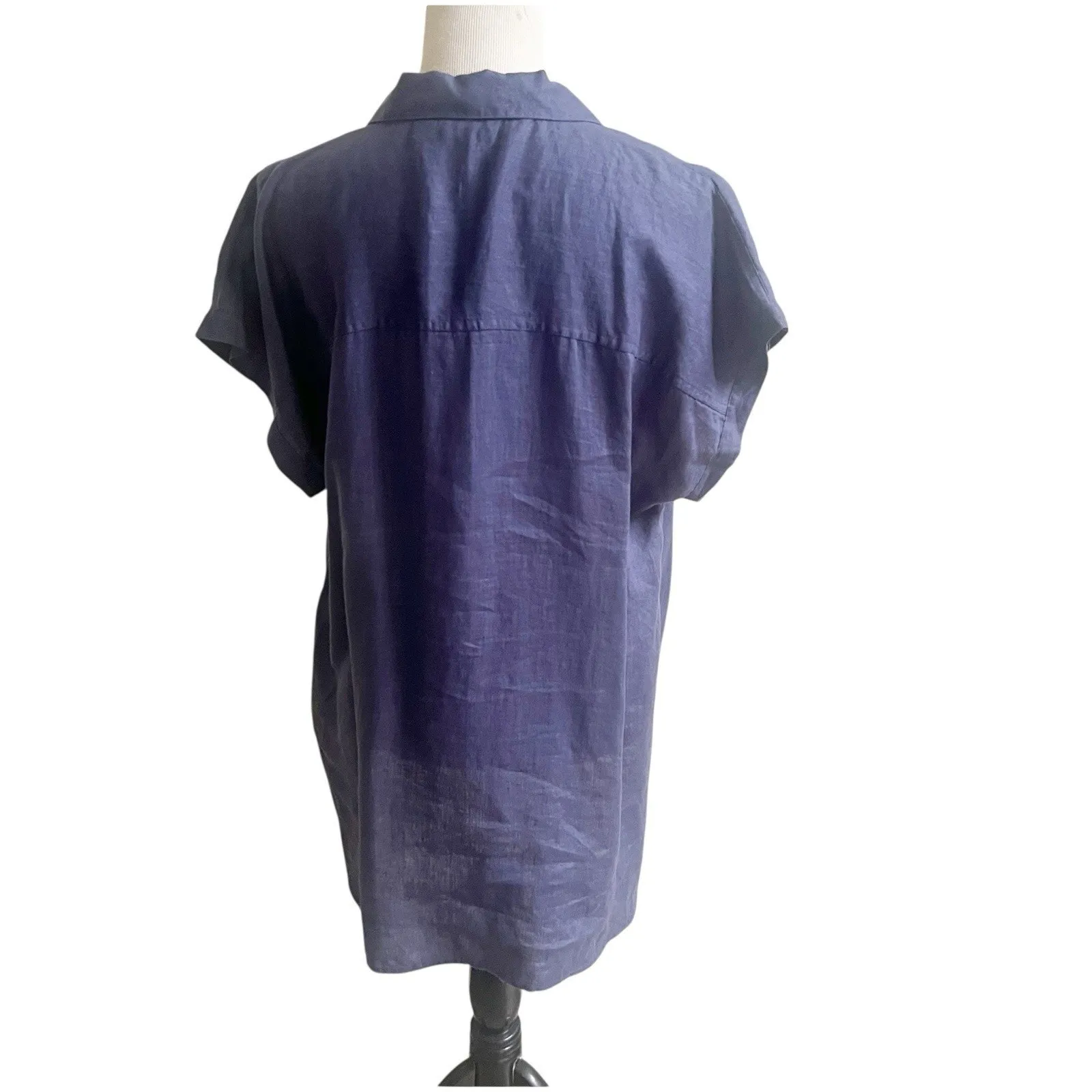 Ellen Tracy Popover Linen Tunic Size XL Indigo Short Sleeve Collared Beachy - Image 2