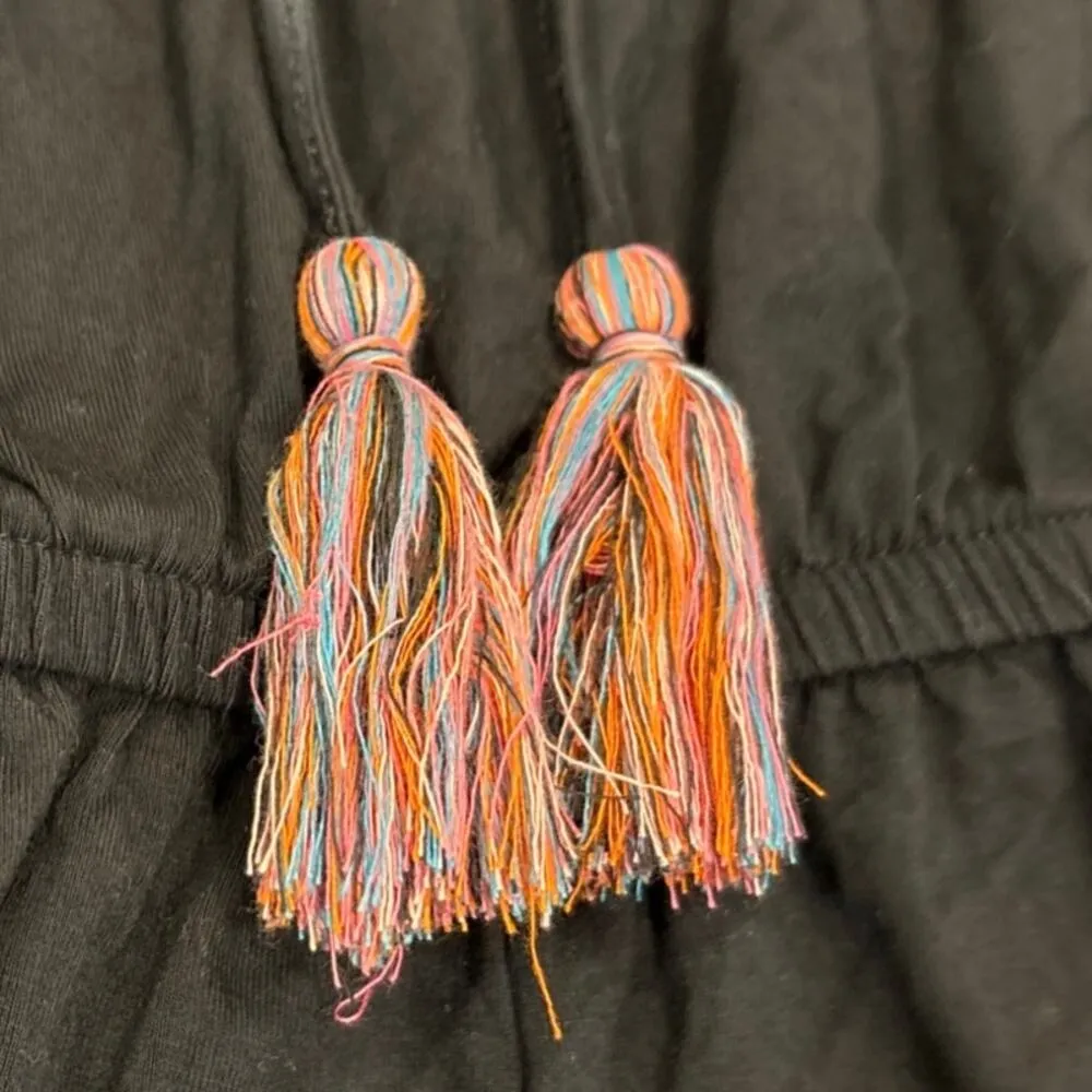 American Eagle Black Floral Print Embroidered Boho Cold Shoulder Ruffle Romper - Image 7