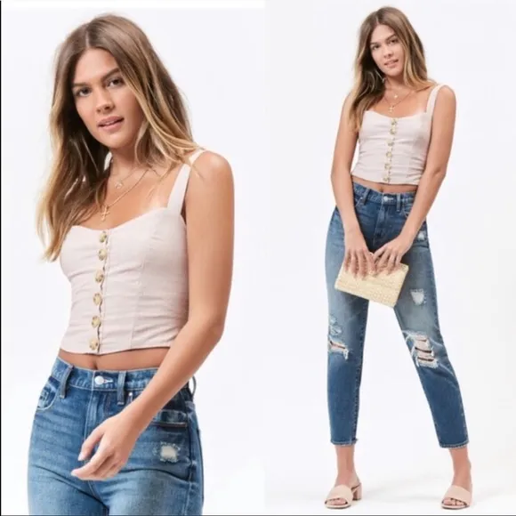 Lottie Moss Linen Blend Button Front Crop Top Large - Image 2