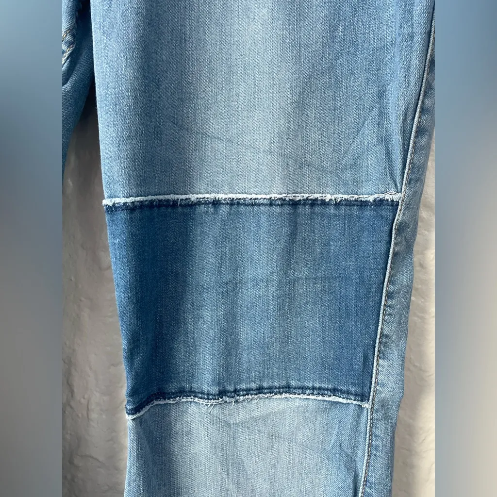 Hollister Patchwork High Rise Flare Raw Hem Soft Stretch Denim Jeans; 19 34/31 - Image 2