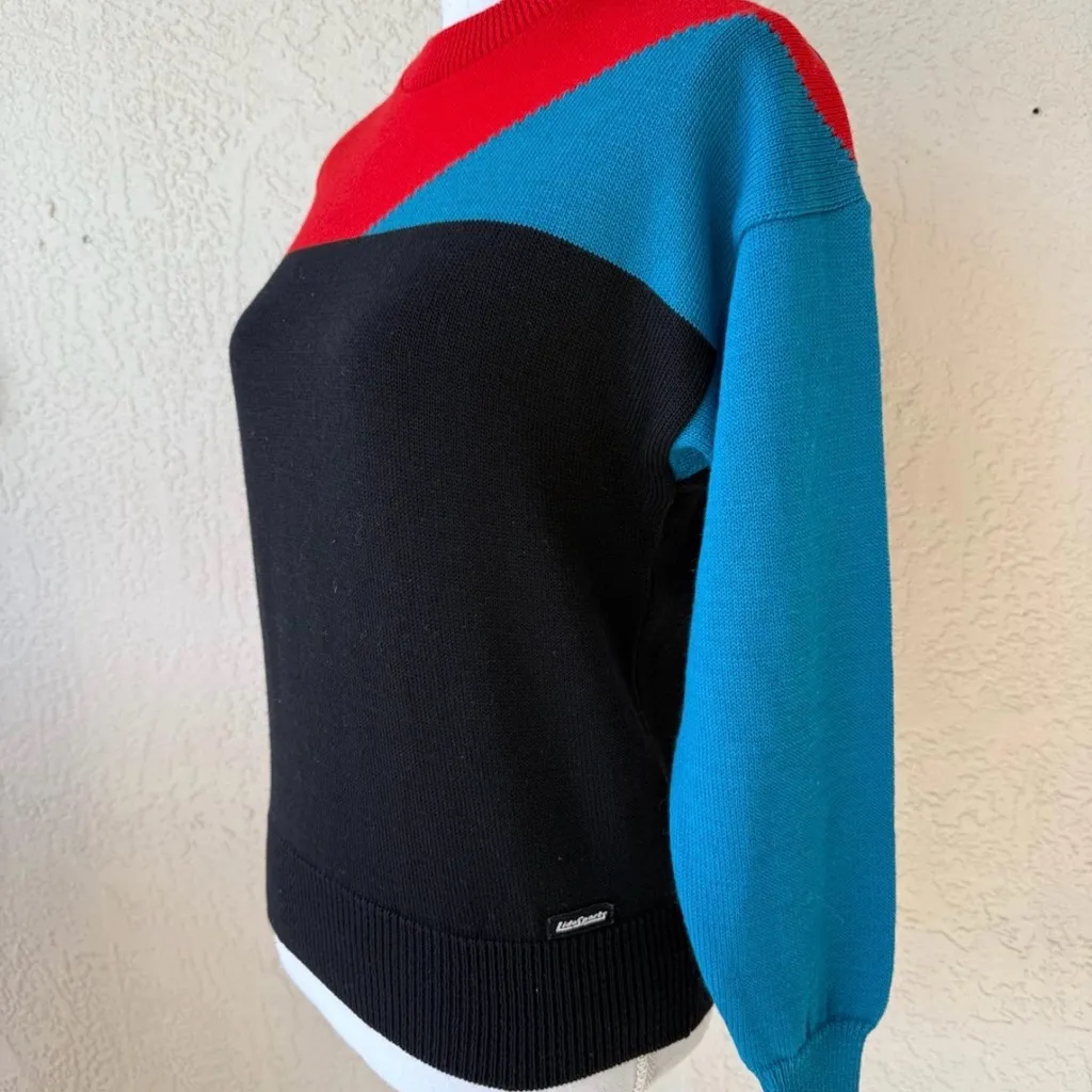 VTG LIDO SPORTS Ladies Red Colorblock Wool Long Sleeve Pullover Sweater USA Blue Size M - Image 2