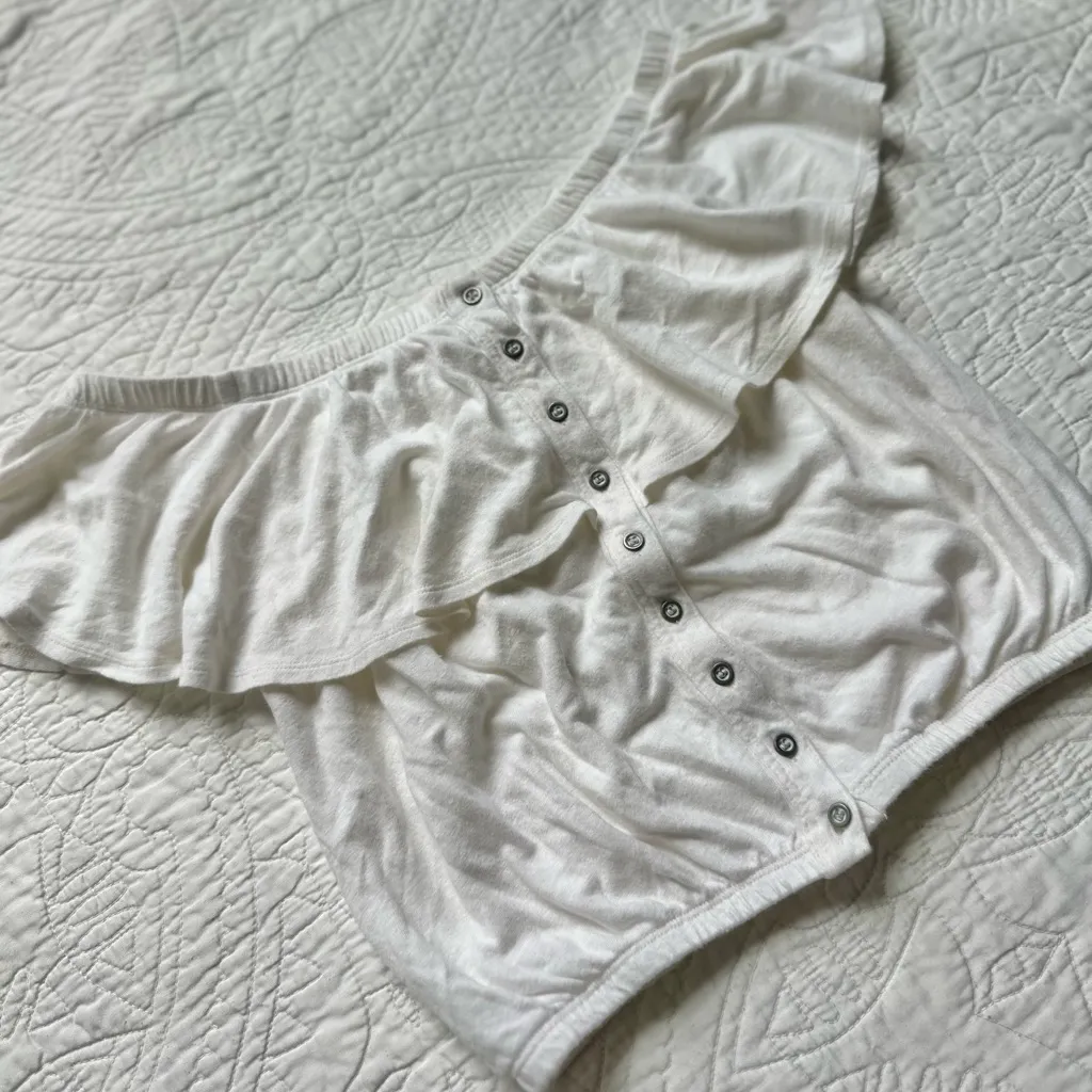 We The Free Small Ivory Off The Shoulder Crop Top Ruffle Button Linen - Image 3