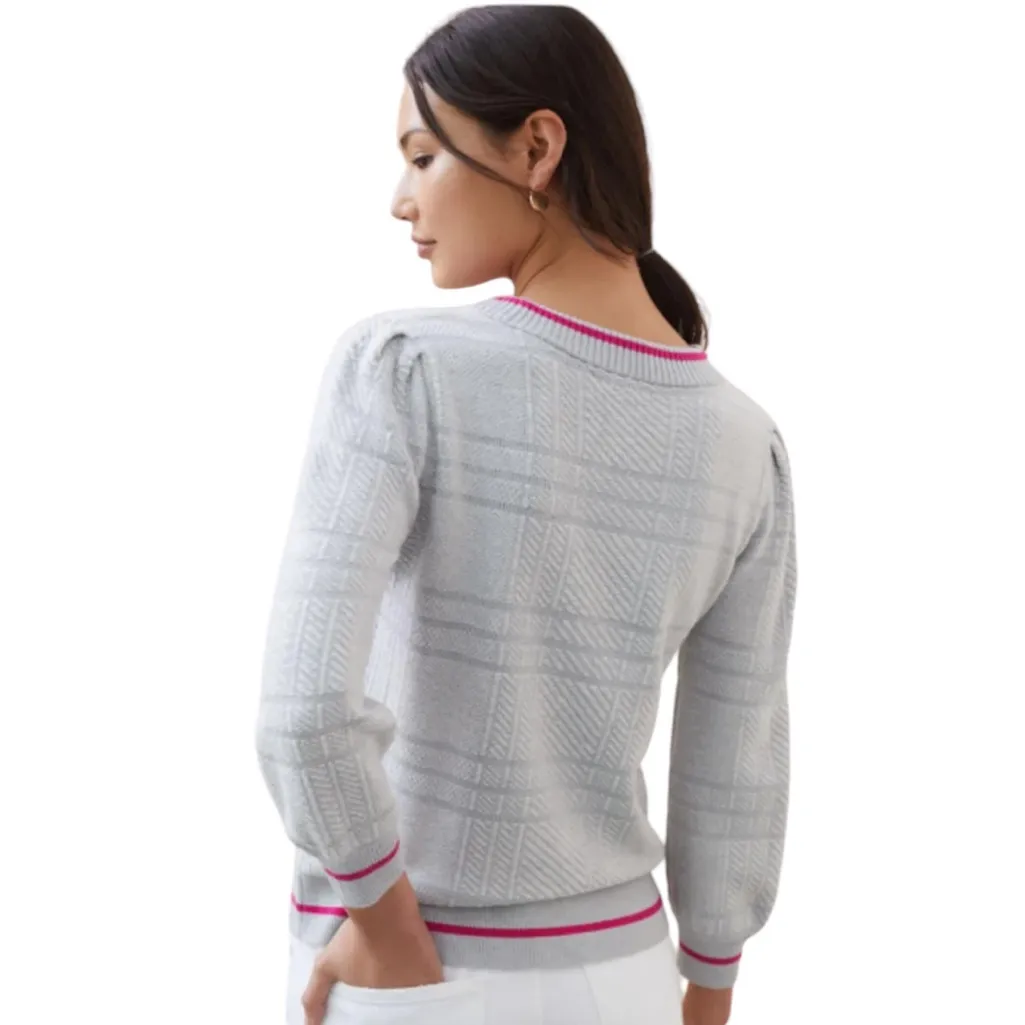 ANTHROPOLOGIE GRAY TEXTURED CREW NECK PINK STRIPE PUFF PRINCESS SLEEVE SWEATER S - Image 2