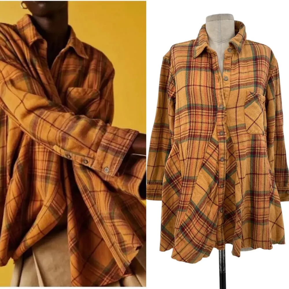 Free People We The Free Kalli Plaid Buttondown Shirt Flannel Tunic Top Small‎ - Image 2