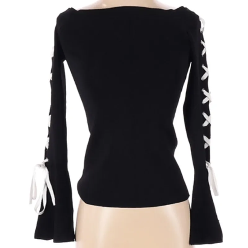 Scripted Off-The-Shoulder Contrast Lace-Up Bell Sleeve Sweater Size Small - Image 2