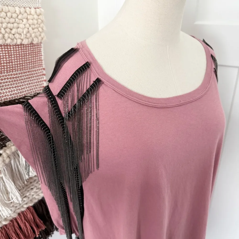 Free People x Tricia Fix Metal Fringe Relaxed T-Shirt Pink Sz L NWT - Image 4