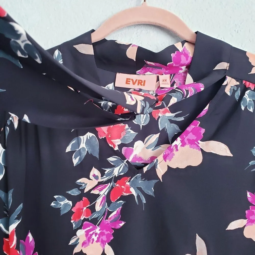 Evri‎ Black Floral Neck Tie Long Sleeve Blouse Red Size 3X - Image 5