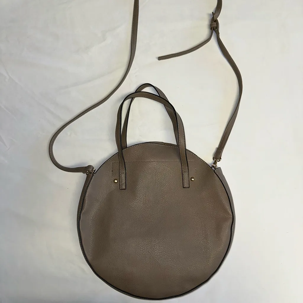 BOHO Vegan Leather LG Taupe Round Circle Bag Purse Flower Cutout Suede Interior Brown - Image 3