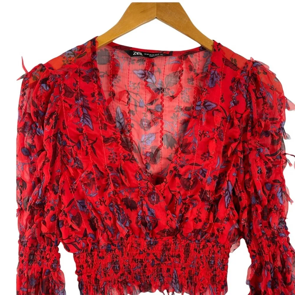 Red Floral Smocked Sheer Blouse Zara Fringing Cropped Top Long Sleeve Size XS - Image 5