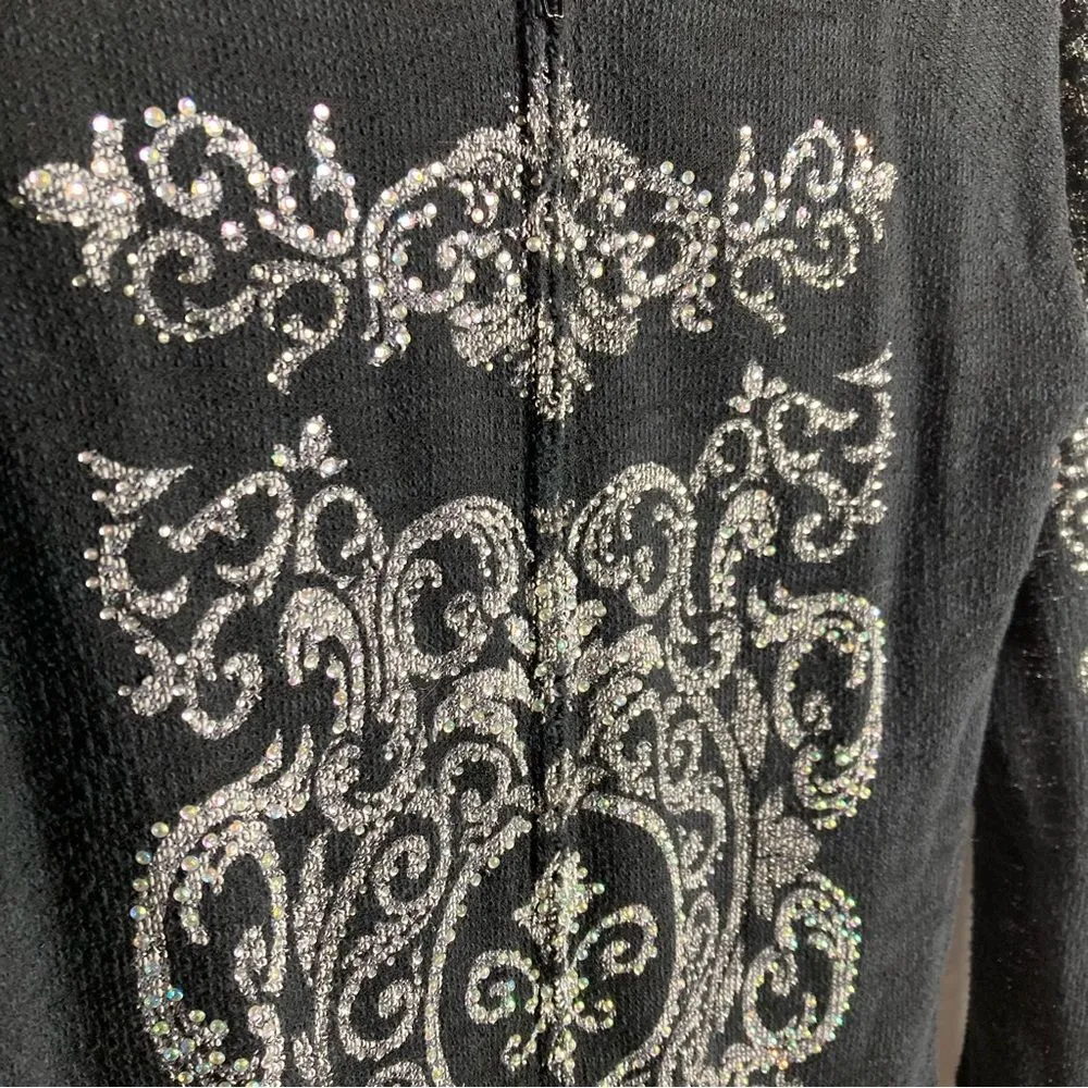 Vocal Black Rhinestone Embellished Zip Up Lightweight Cardigan Top Medium Y2K - Image 3