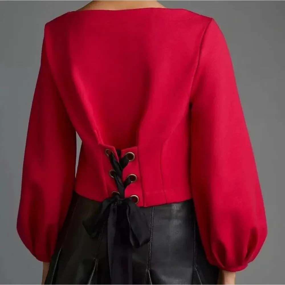 Anthropologie Maeve Corset Sweatshirt Balloon Sleeves in Raspberry Pink, Size XS - Image 2