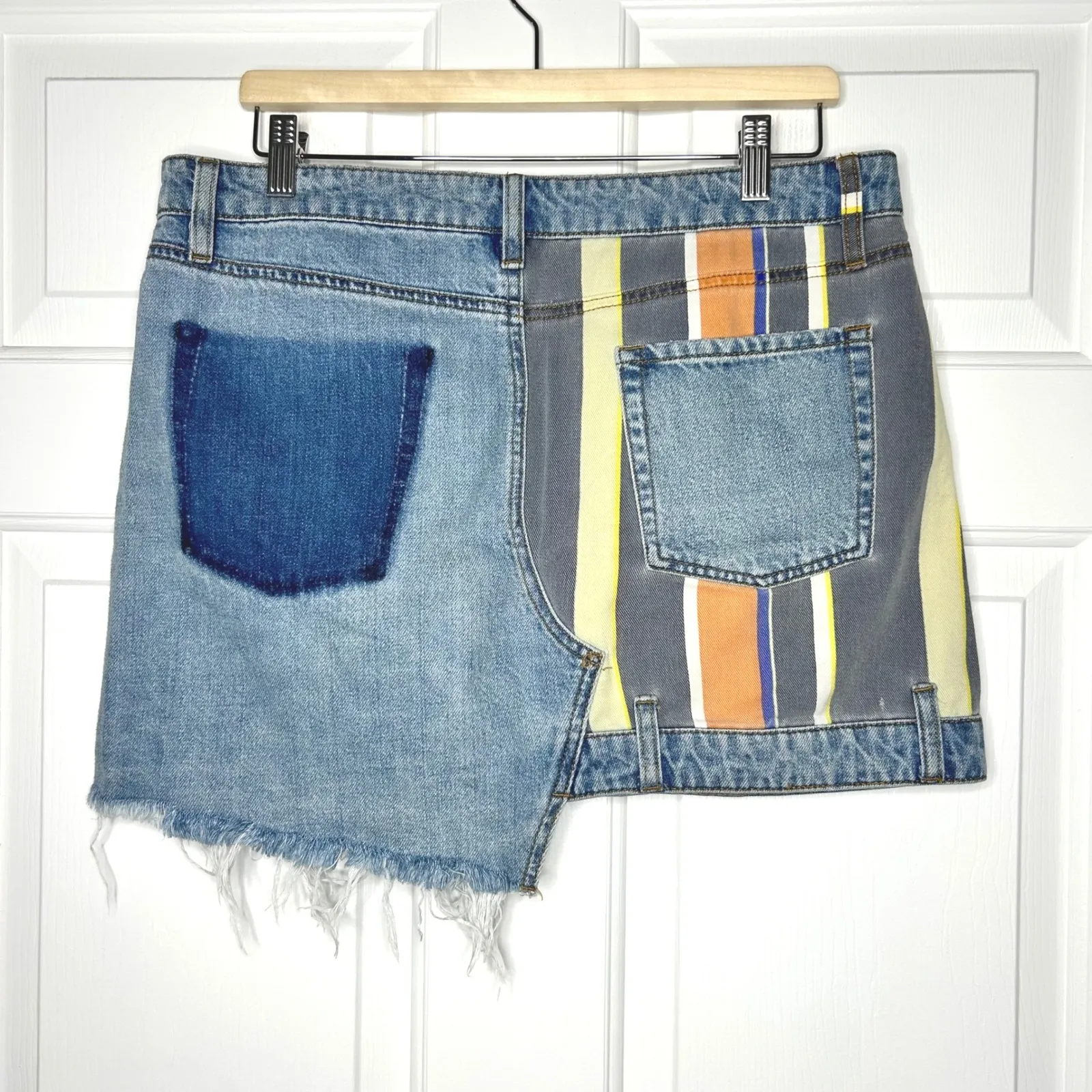BDG Denim Mini Skirt Asymmetrical‎ Patchwork Striped Floral Size Large - Image 4