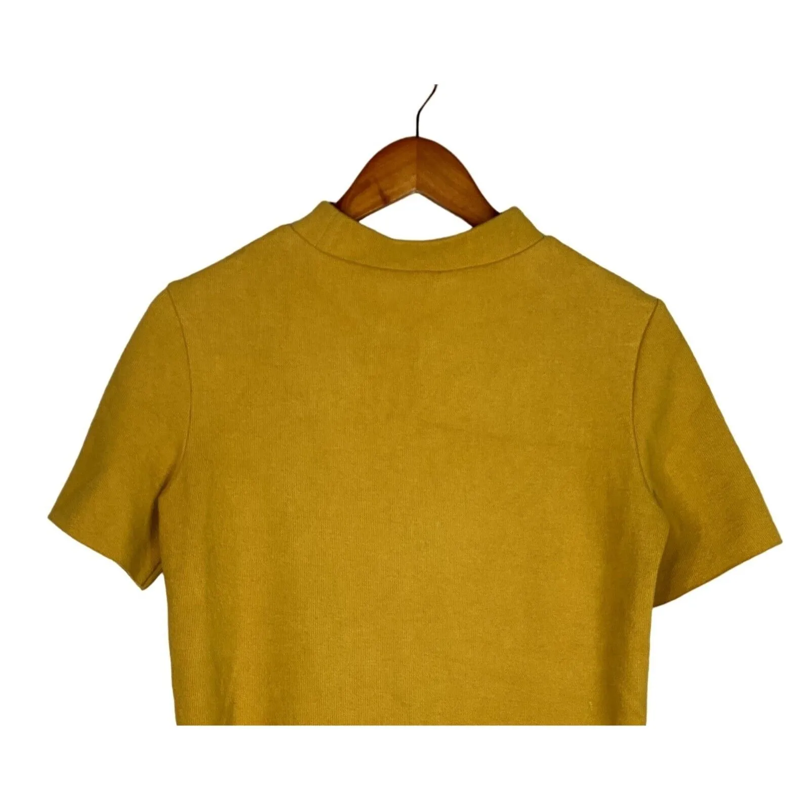 Zara Crop Ribbed Short Sleeve Mock Neck Raw Hem Crop Knit Top M Mustard Yellow - Image 6