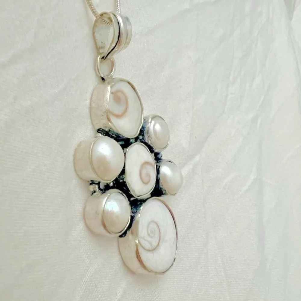 925 Sterling Silver Shiva Eye Shell & Pearl Necklace womens Jewelry - Image 3