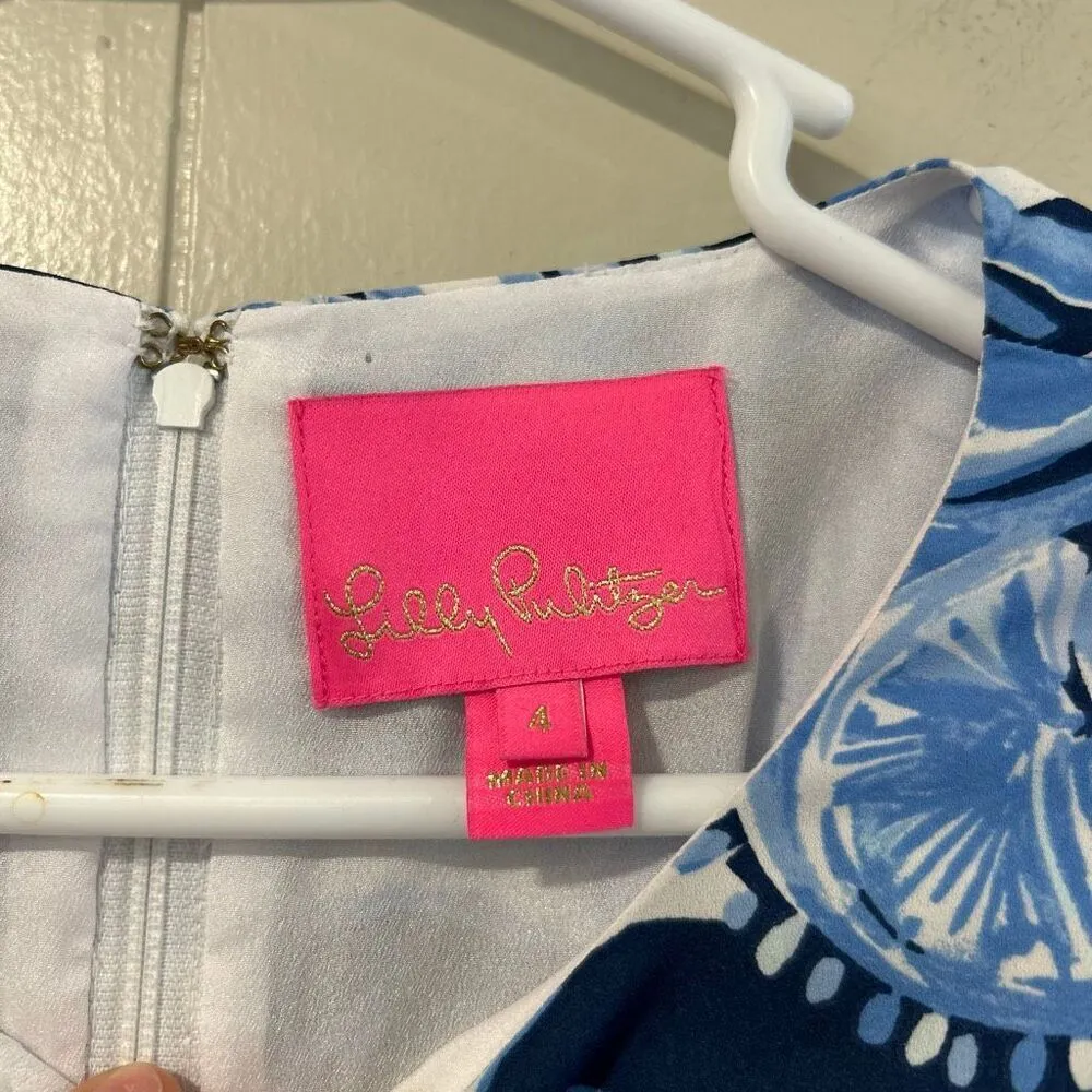 Lilly Pulitzer Blue Floral Ruffle Dress Size 4 | Short Sleeve Tie Waist Mini - Image 5