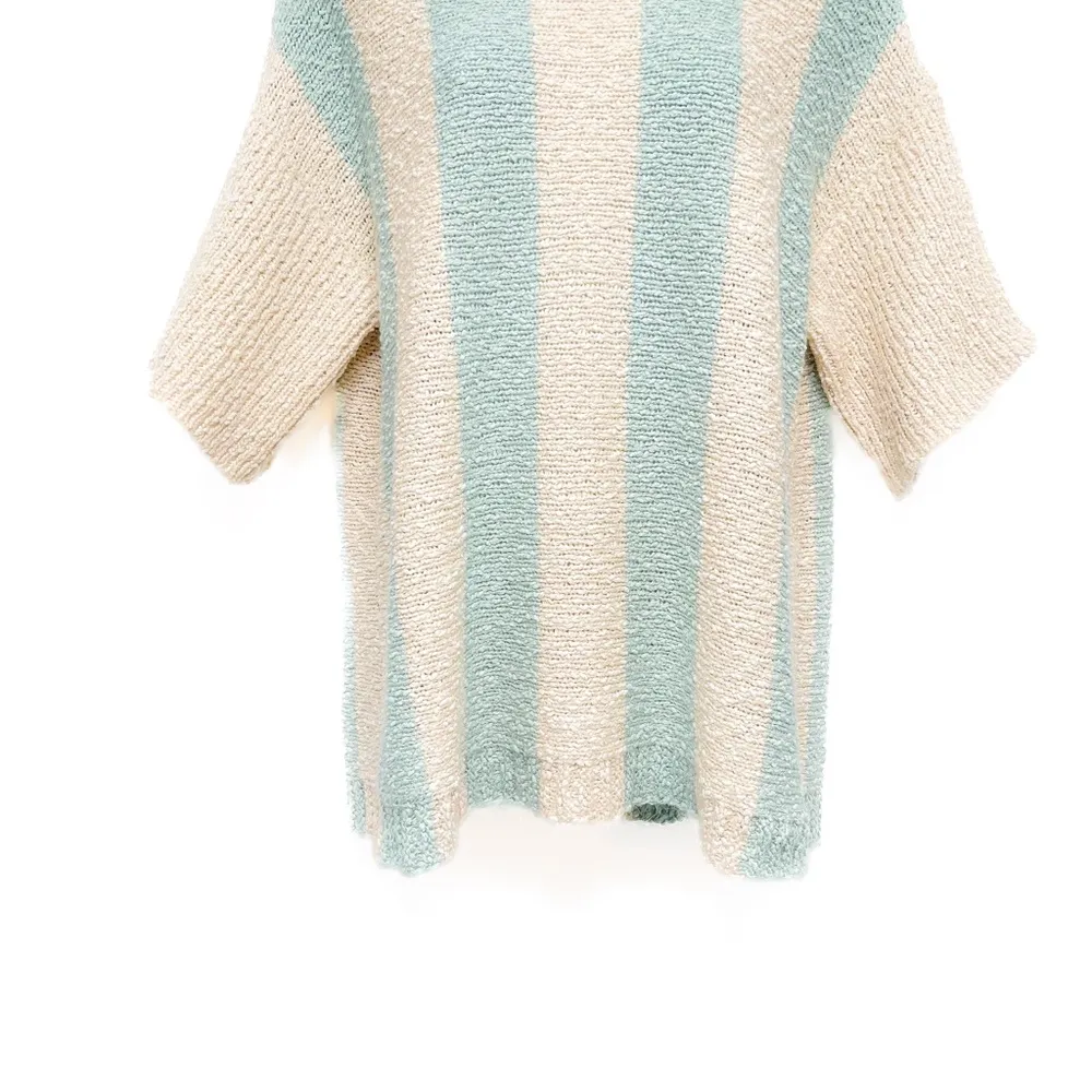 Loose Knit Vertical Striped Relaxed Fit Textured Sweater Knit Top Aqua Tan - Image 5