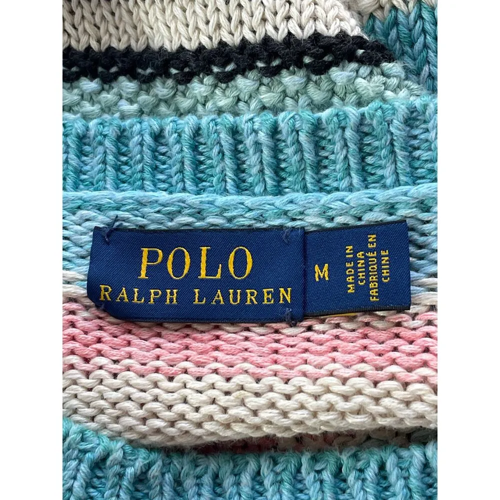 Polo Ralph Lauren Striped Teal Multi Crew Neck Knit Sweater Size Medium Pullover - Image 7
