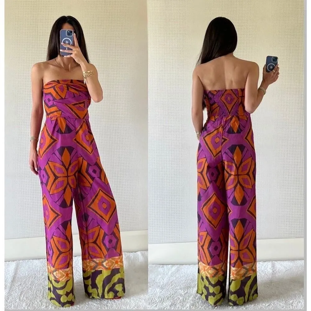 Zara Jumpsuit Womens Small Printed Bandeau Wide Leg Strapless Geometric Boho NEW - Image 2