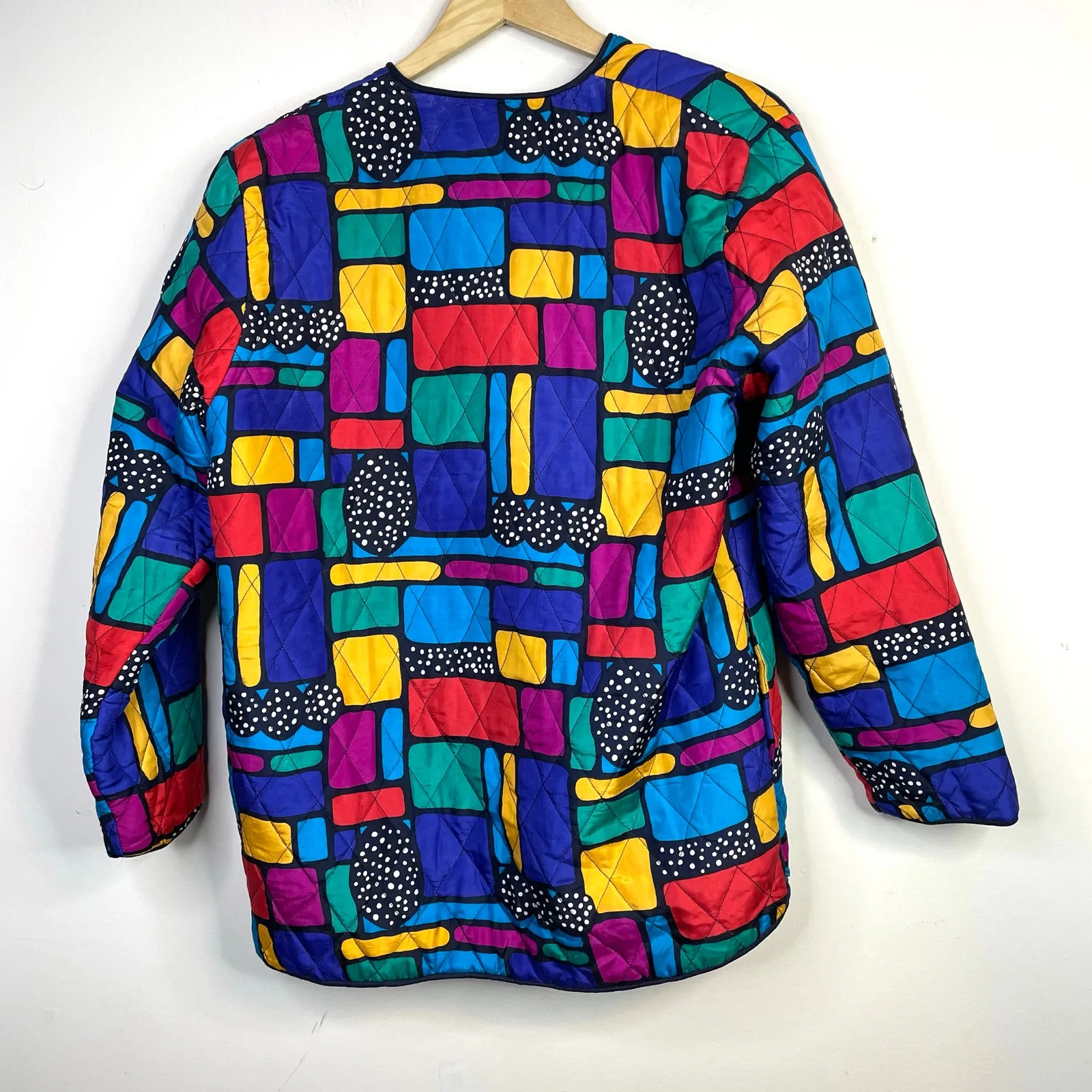 Vintage Rhoda Lynne Quilted Silk Open Jacket 90s Colorful Oversized Womens S Blue - Image 9