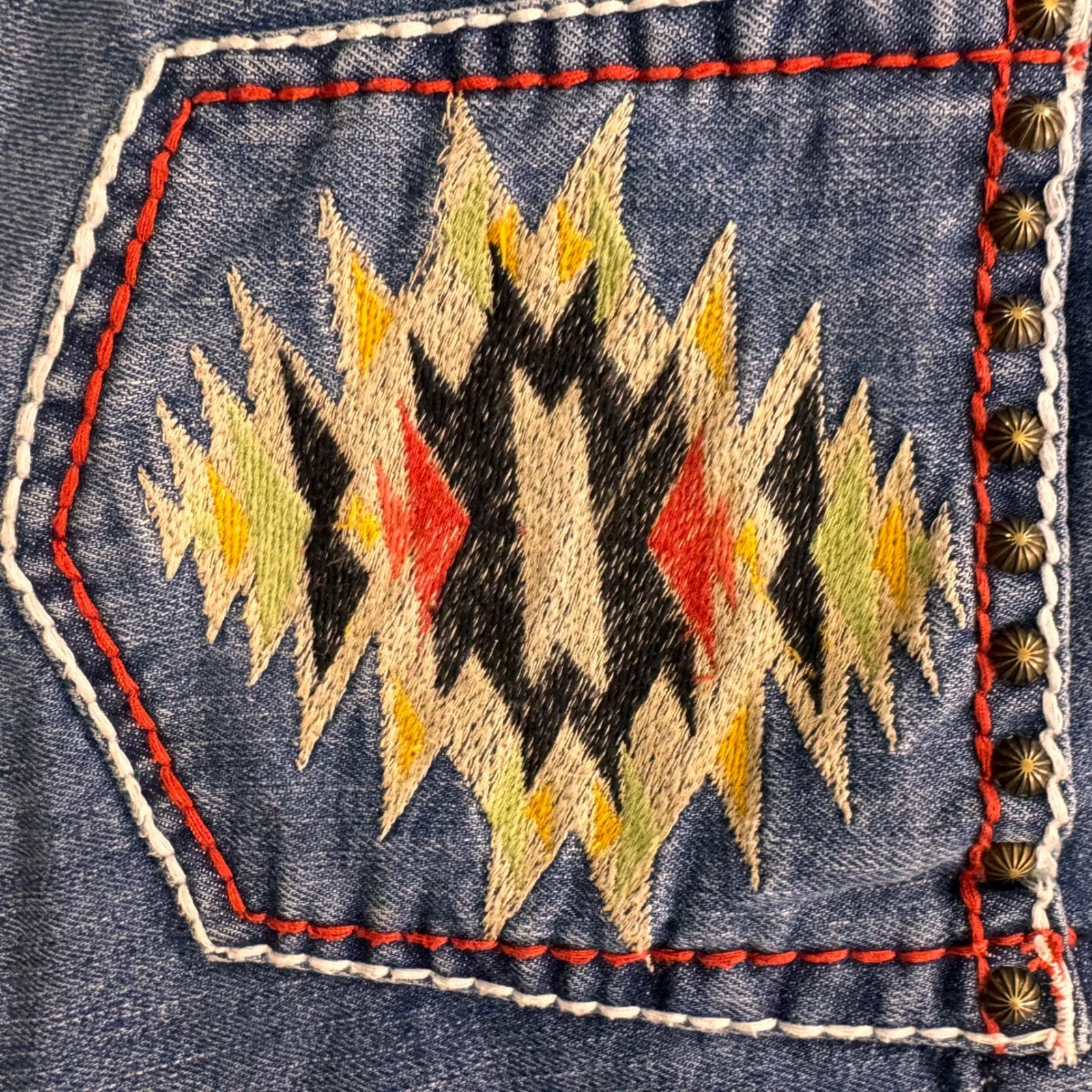 Rancho Estancia Denim Shorts Southwestern Embroidered Pockets Women's Sz 26 Boho Blue - Image 7