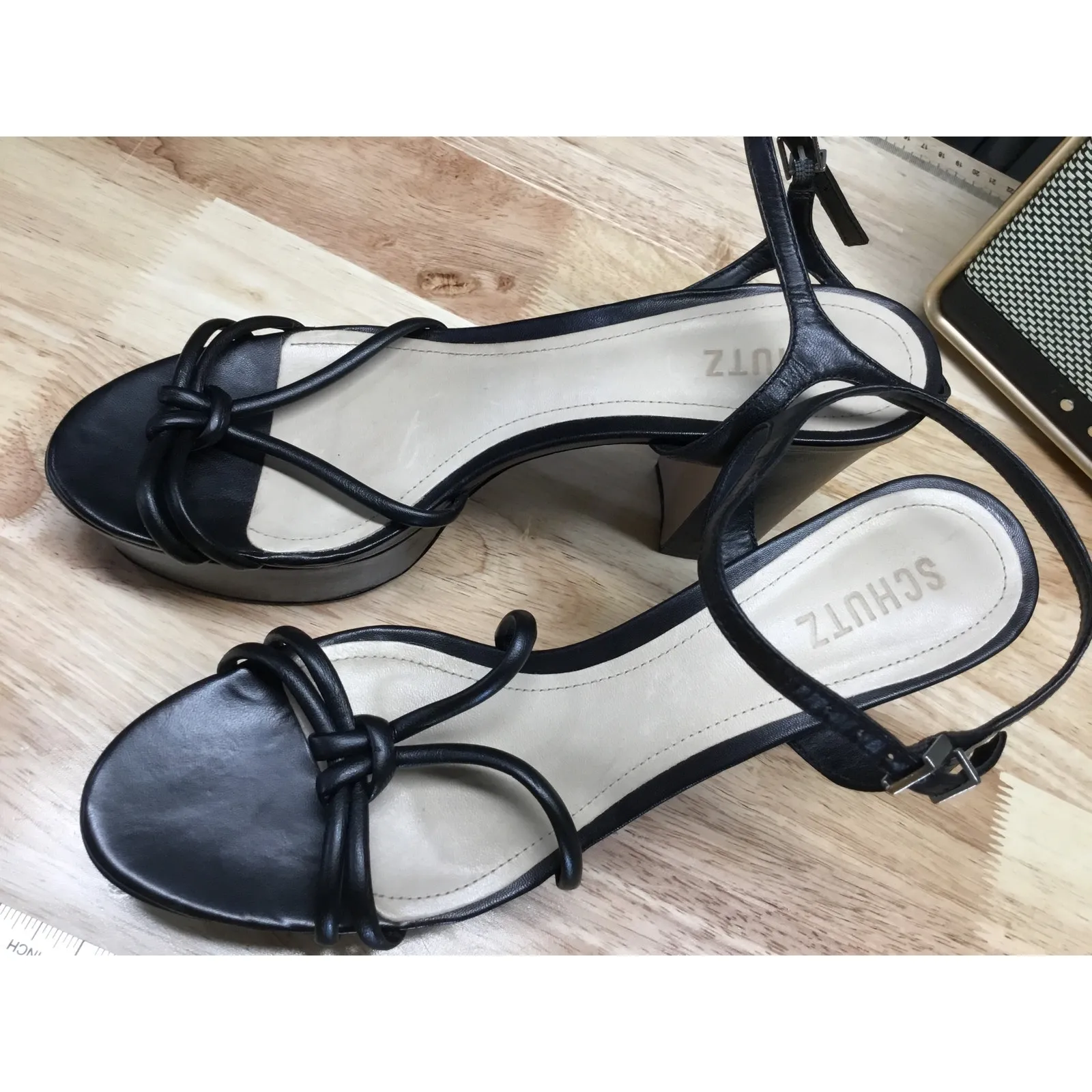 Schutz Kelsie Women's 10 Black Leather Platform Ankle Strap Block Heel Sandals - Image 4