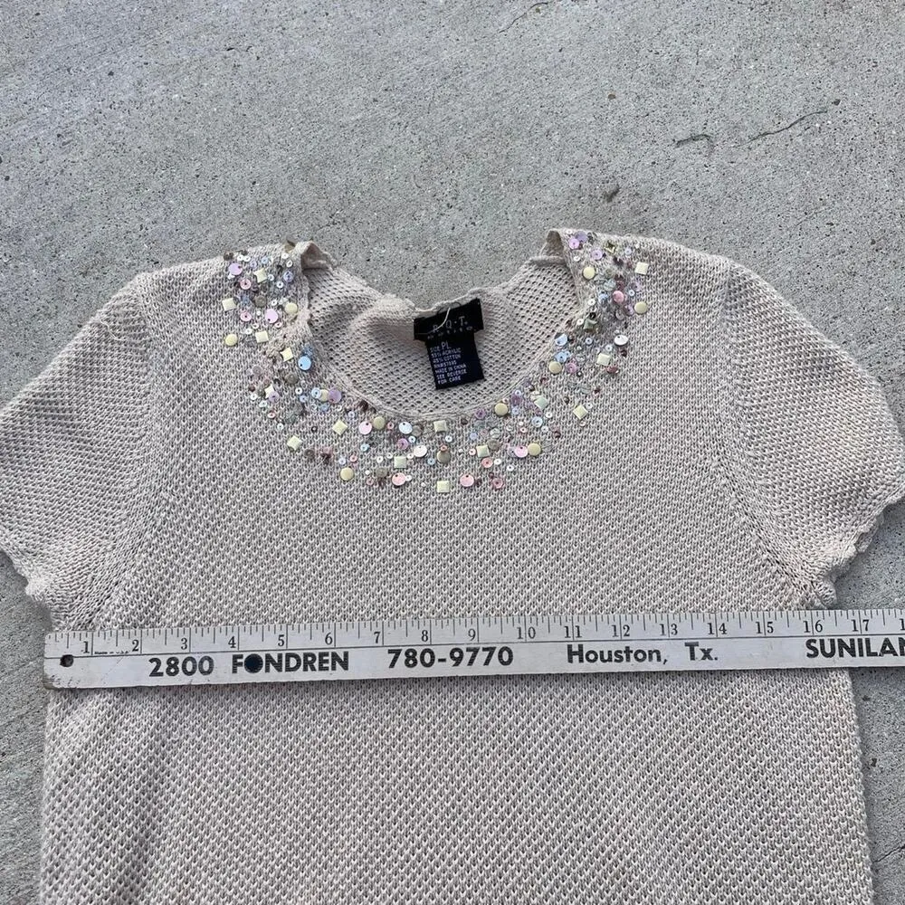 Vintage Y2K Womens Size PL Knitted Sequin Coastal Beach‎ Cover Up Minimal Tan - Image 4