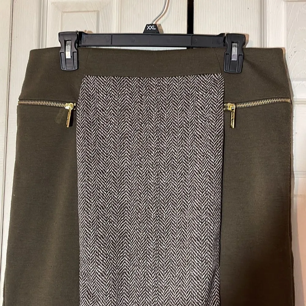 Michael Michael Kors Brown Tweed Pencil Skirt Goldtone Zippered Pockets 10 - Image 4