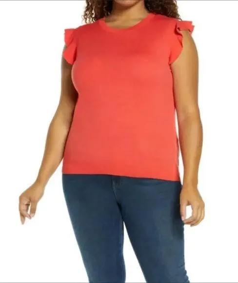 Halogen Pink Coral Rose Short Flutter Sleeve High Neck Pullover Sweater Small - Image 2