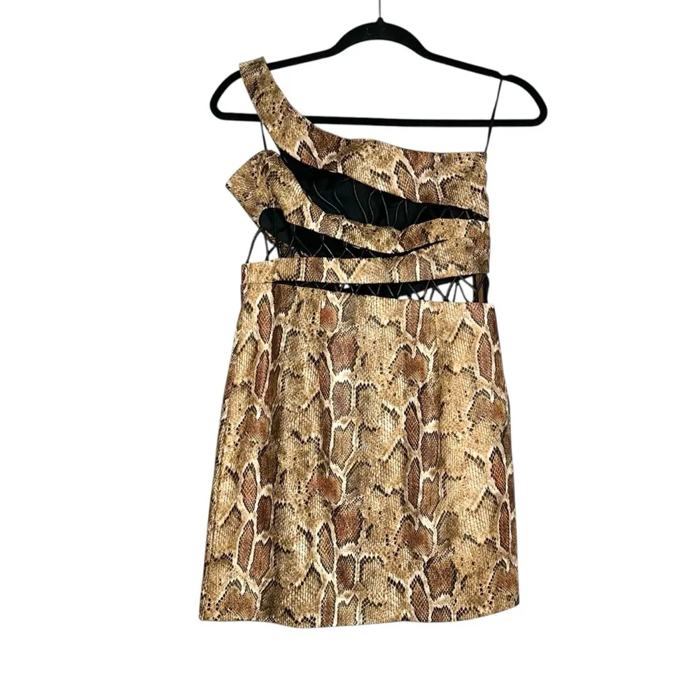 Revolve h:ours Elena One Shoulder Reptile Print Faux Leather Mini Dress SMALL - Image 3