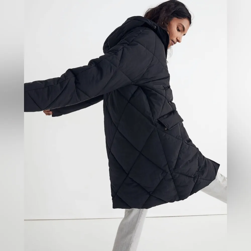 Black Surrey Hooded Puffer Long Winter Coat Classic Cozy Warm womens S - Image 6