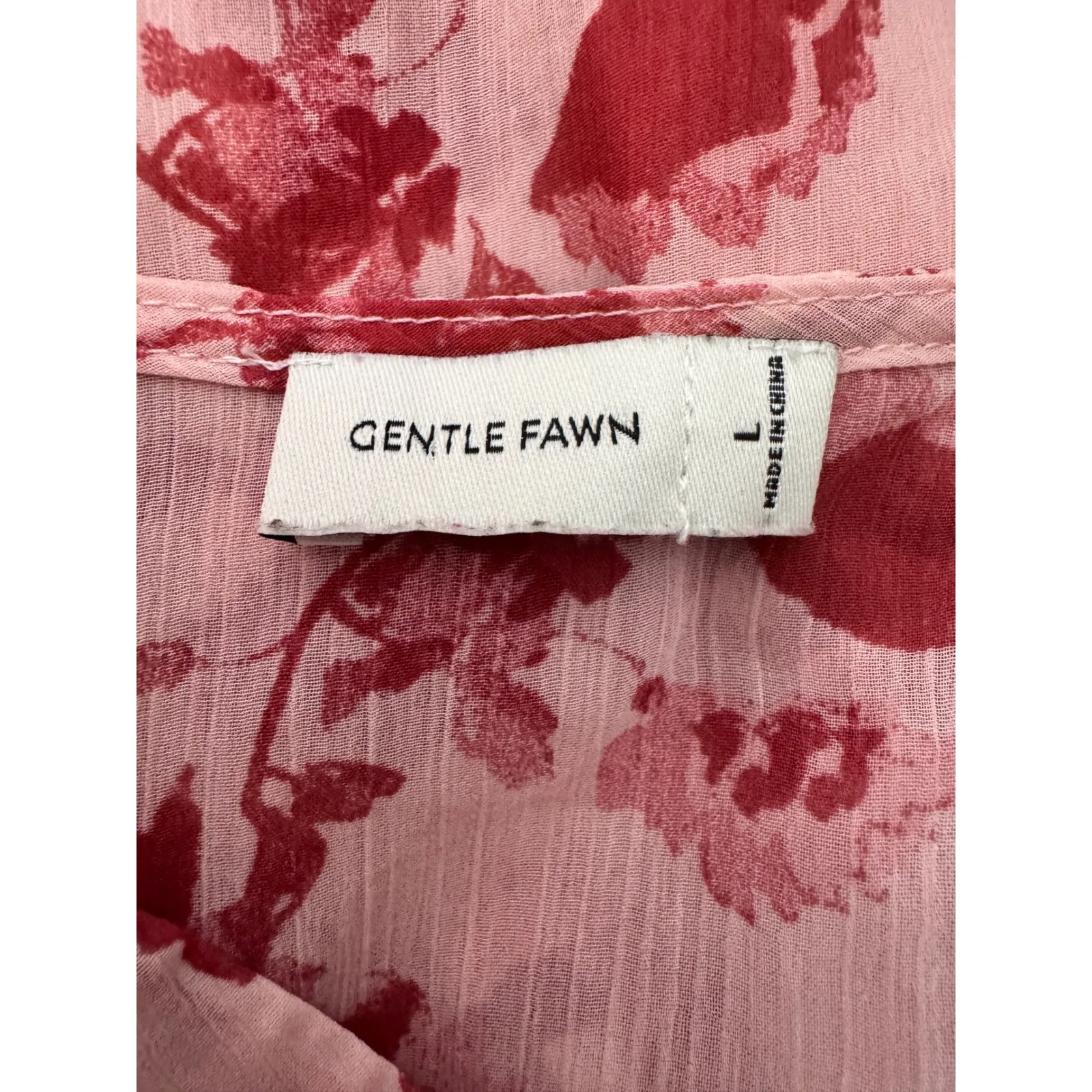 Gentle Fawn Pink Floral Ruffle Neck V-Neck Long Sleeve Blouse Top Size L - Image 4