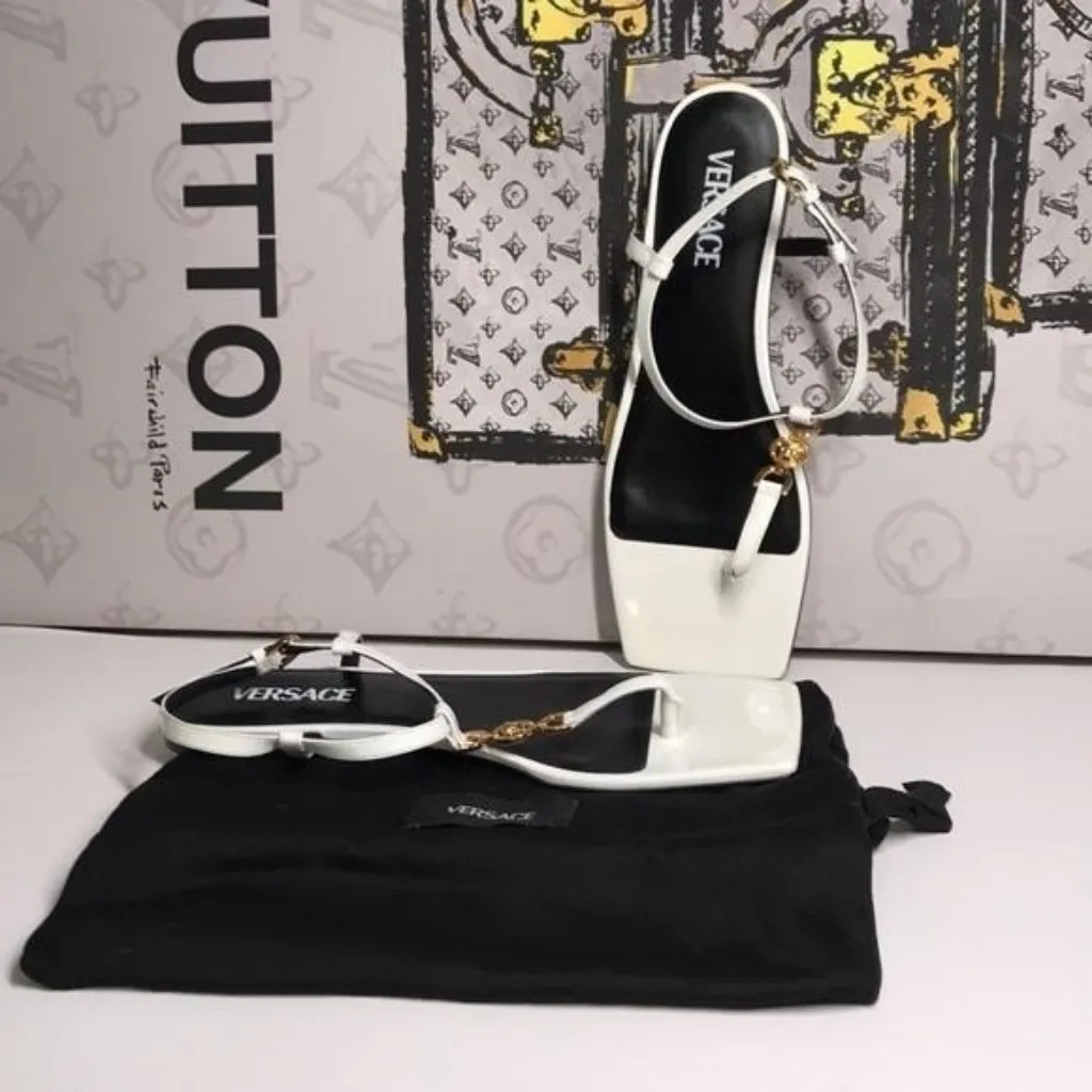 New Authentic Versace Designer Square-Toe Patent Leather T-Strap Sandals - Image 2