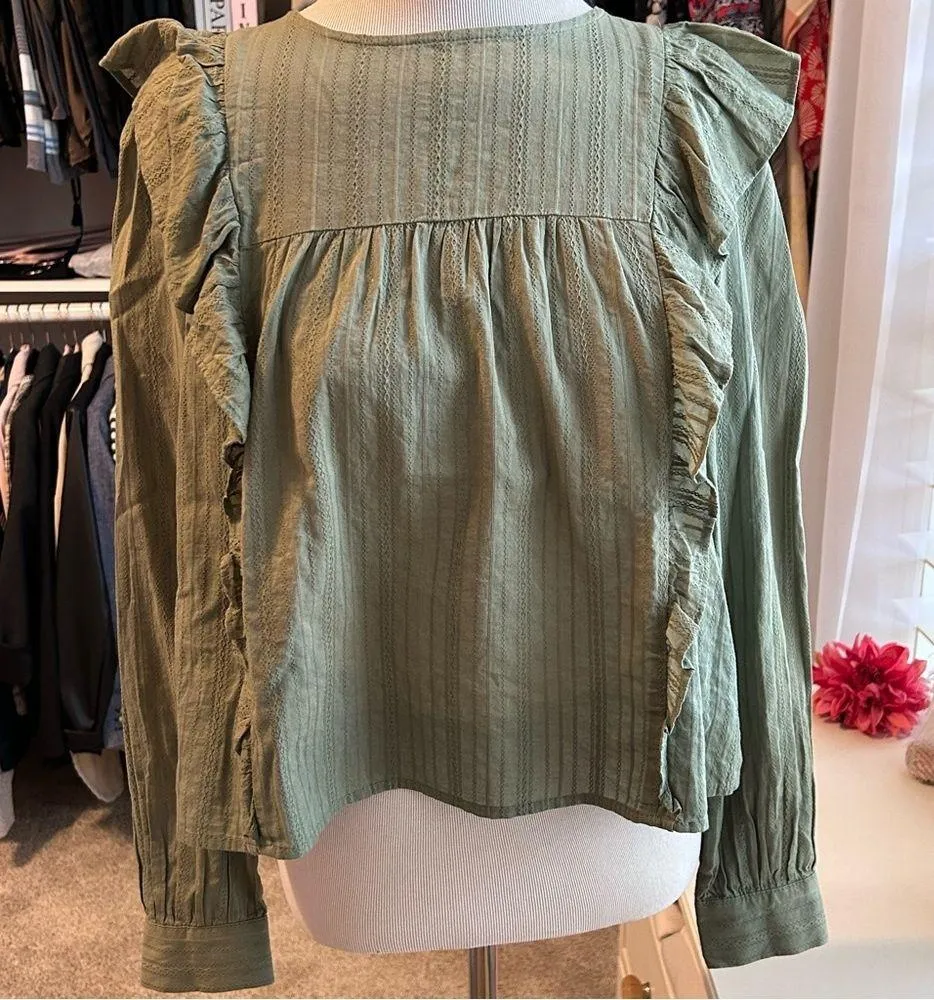 LOFT Ruffle Army Green Top Small - Image 2