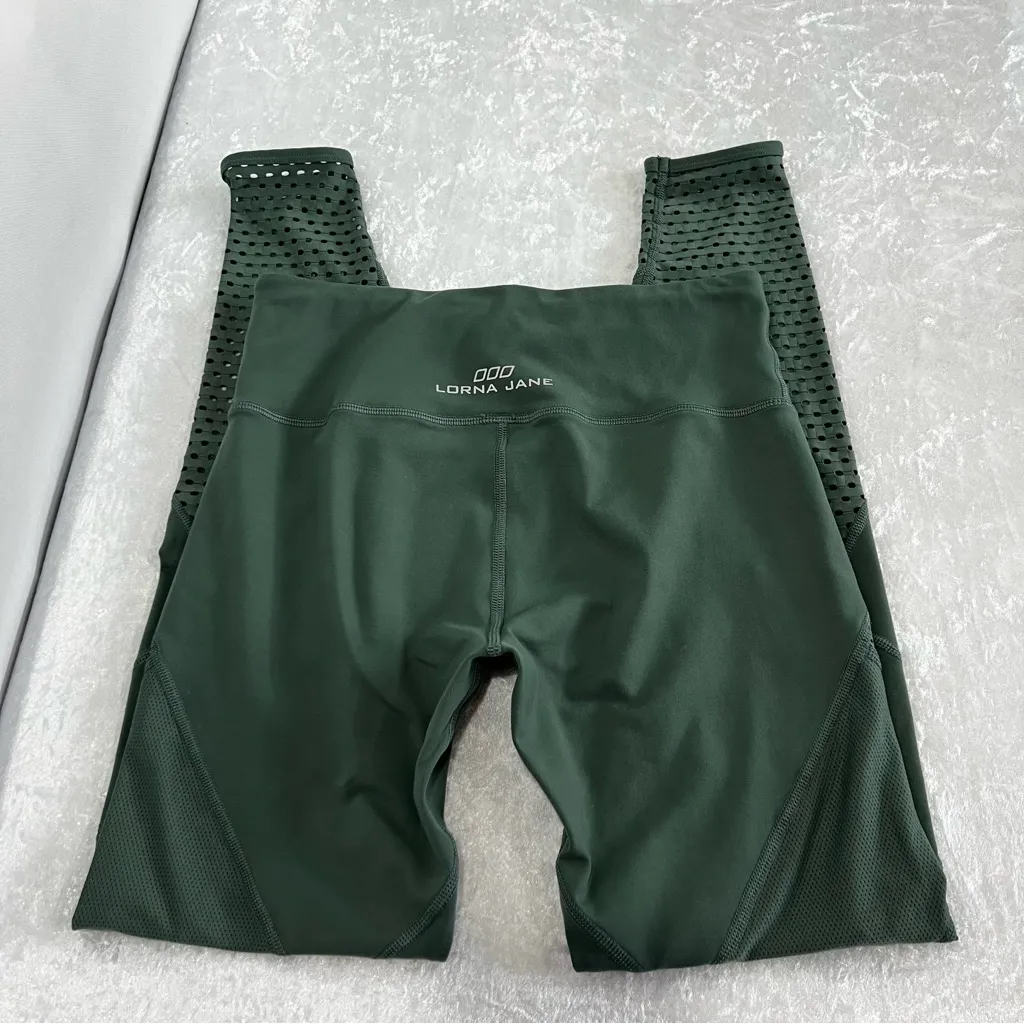 Lorna Jane Lacer Cut Mesh Detail Dark Green Leggings - Image 2