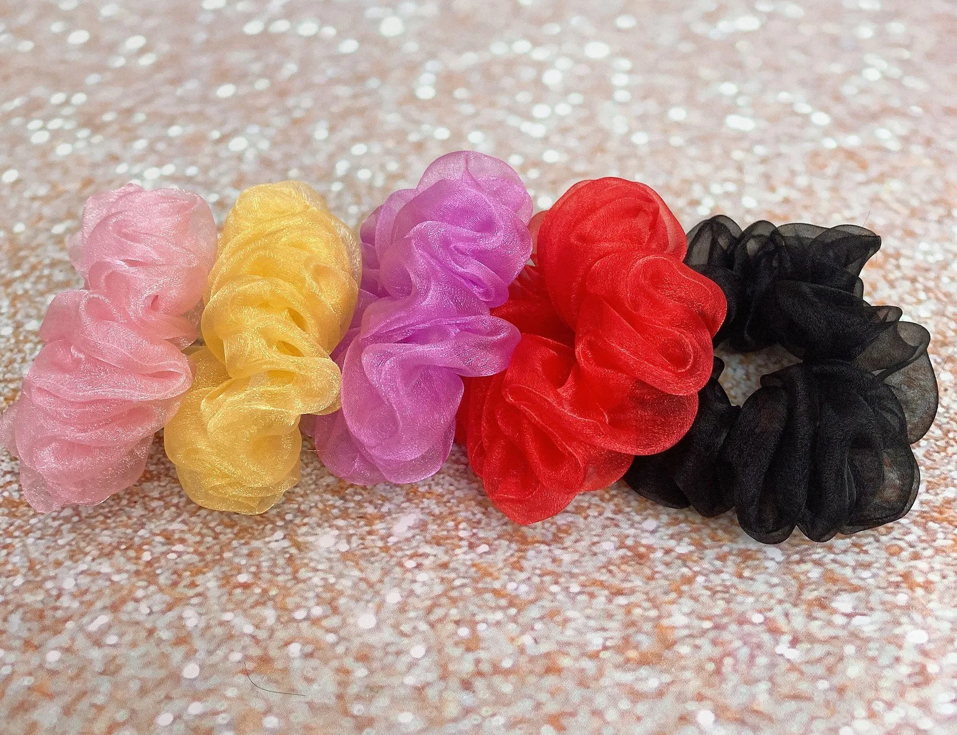 Rose Pink Crystal Organza Scrunchie Hair Ties - Image 6