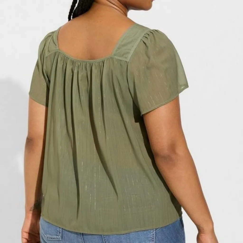 Torrid Olive Green Crinkle Chiffon Flutter Sleeve Square Neckline Top - Size 1 - Image 7