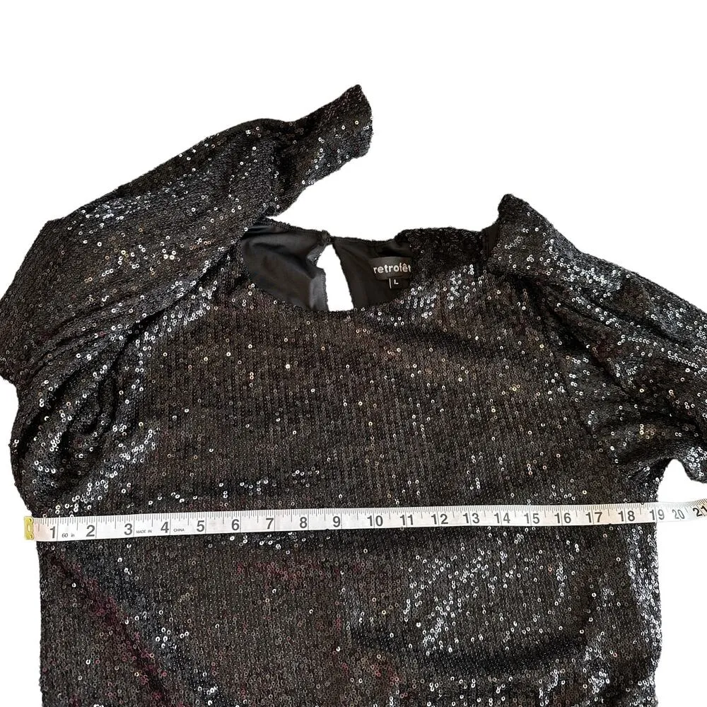 Retrofete Flynn Sequin Ruched Tulle Long Sleeve Key Hole Mini Dress Black Large - Image 13