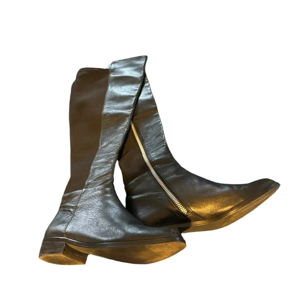 MK MICHAEL KORS BROMLEY BLACK Leather Stretch Knit Knee High Boots Sz 6 Side Zip - Image 4